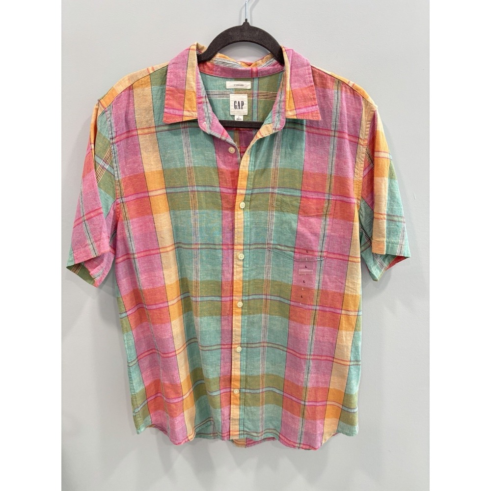 NEW GAP Plaid Linen Blend Shirt L Pink Green Yellow Casual Button Up Summer Top